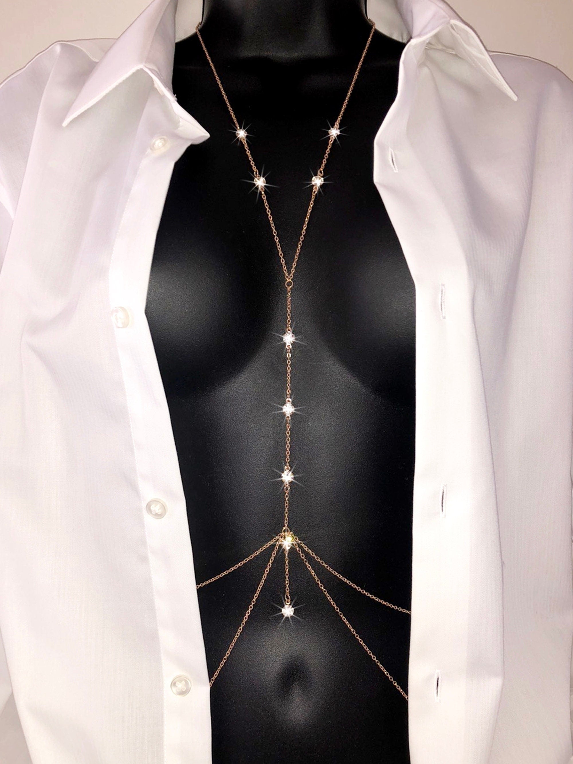 Body Chain Jewelry Double Layered Y Necklace Pendants Gold Color Fashion Waist Dainty Body Harness with Crystals Minimalist Style Tassel